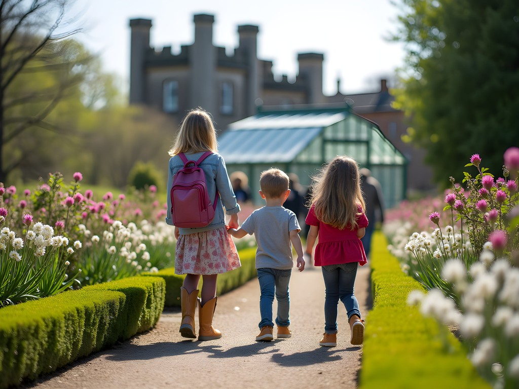 Family exploring the Victorian walled gardens at Malahide Castle near Dublin