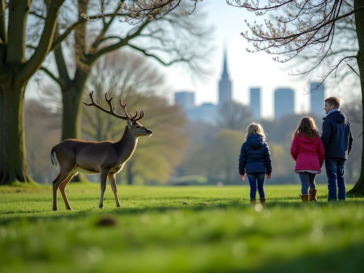 Family observing wild deer in Phoenix Park with Dublin city skyline in background