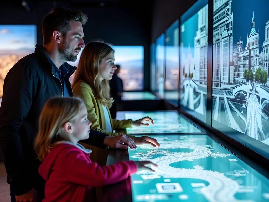 Family engaging with interactive urban planning exhibit at Science Gallery Dublin