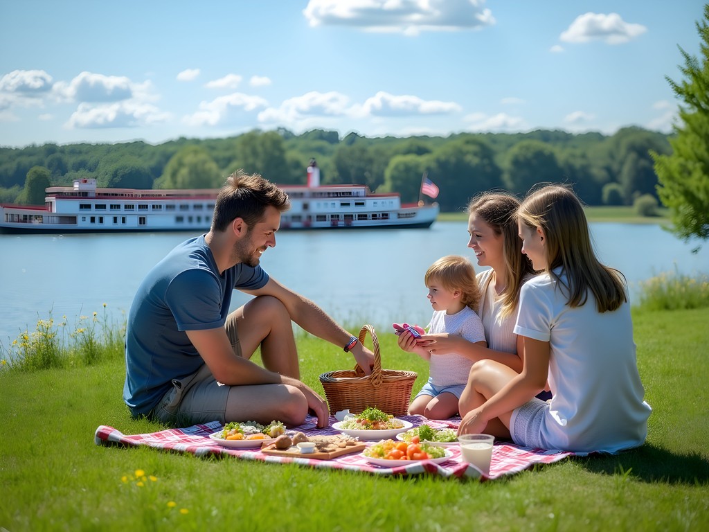 Family enjoying picnic with local foods at Dubuque Riverfront