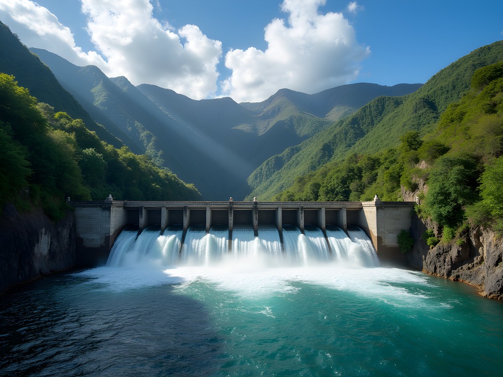 The impressive Dumbea Dam spillway with cascading water creating a perfect parabolic arc
