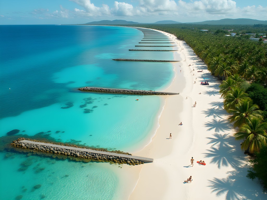 Dumbea's engineered beach area with breakwaters creating safe swimming zones for families