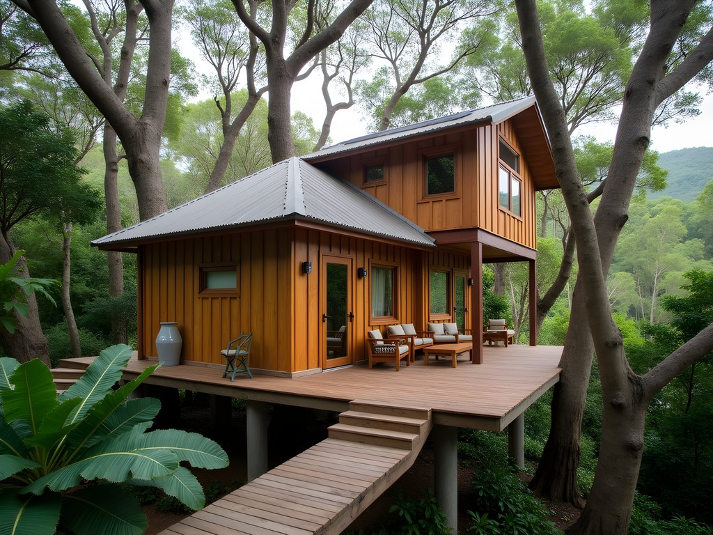 Sustainable treehouse accommodation in Dumbea with solar panels and rainwater collection system