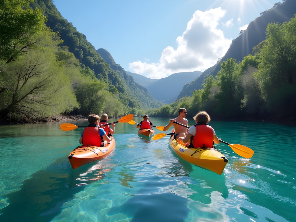 Family kayaking on the clear waters of Dumbea River with lush forest surroundings