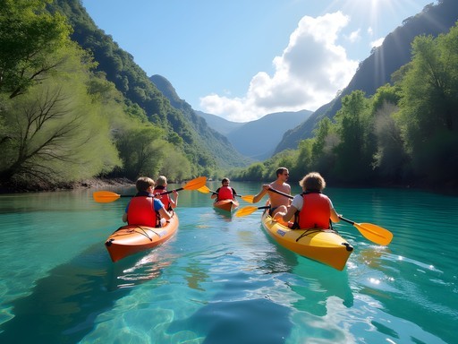 Family kayaking on the clear waters of Dumbea River with lush forest surroundings