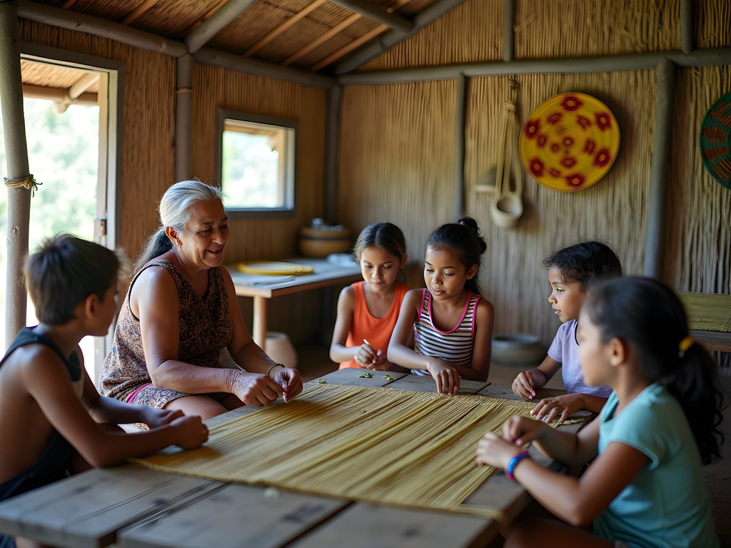 Children learning traditional Kanak weaving techniques at a family workshop in Dumbea