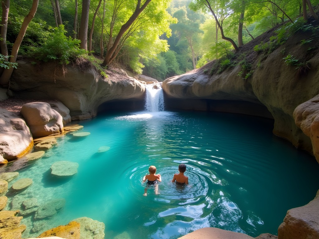 Natural swimming hole Trou des Nurses in Dumbea with children playing in shallow water