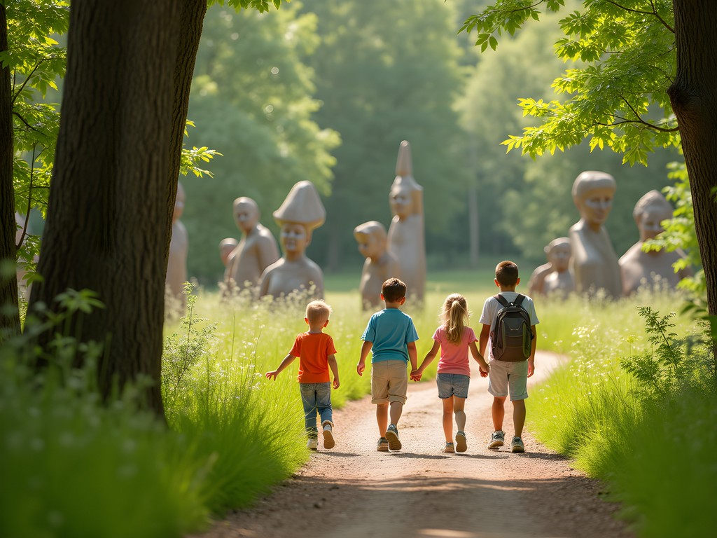 Family exploring sculpture trails at Caponi Art Park in Eagan