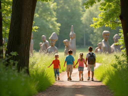 Family exploring sculpture trails at Caponi Art Park in Eagan