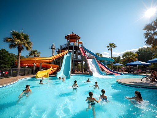 Families enjoying water slides and splash features at Cascade Bay Waterpark in Eagan