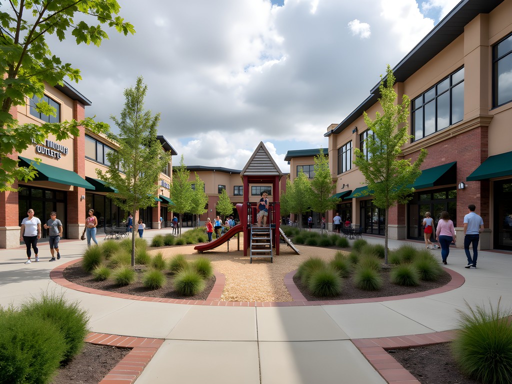 Family shopping at Twin Cities Premium Outlets in Eagan with central playground visible