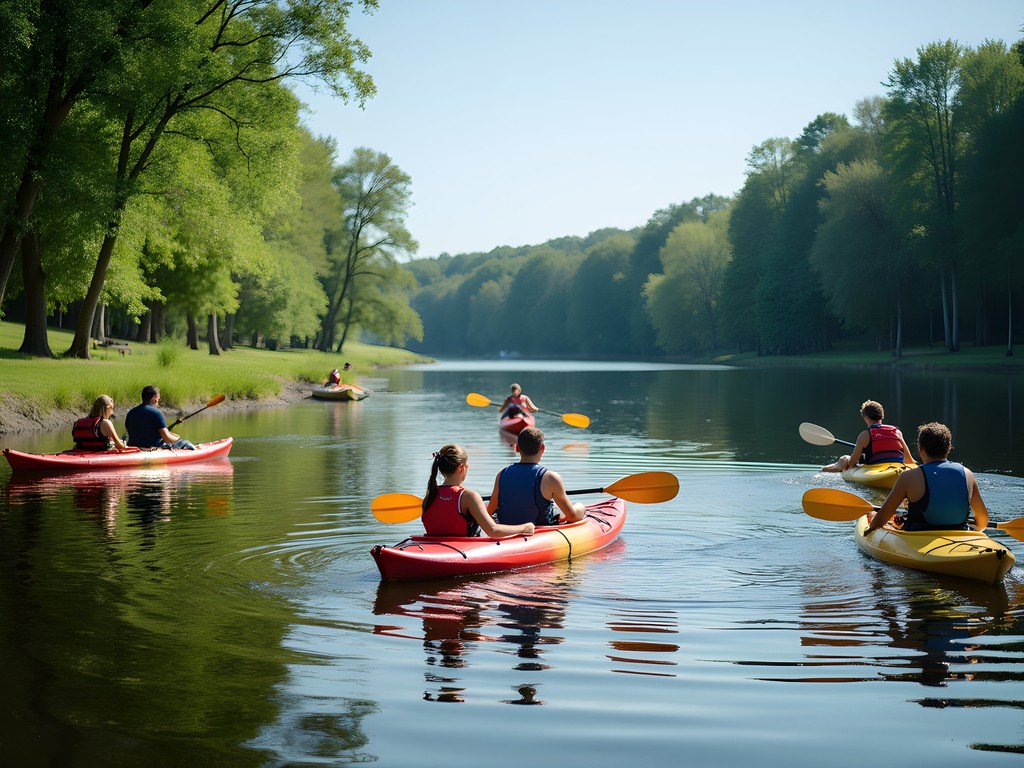 Family kayaking on Jensen Lake in Lebanon Hills Regional Park, Eagan