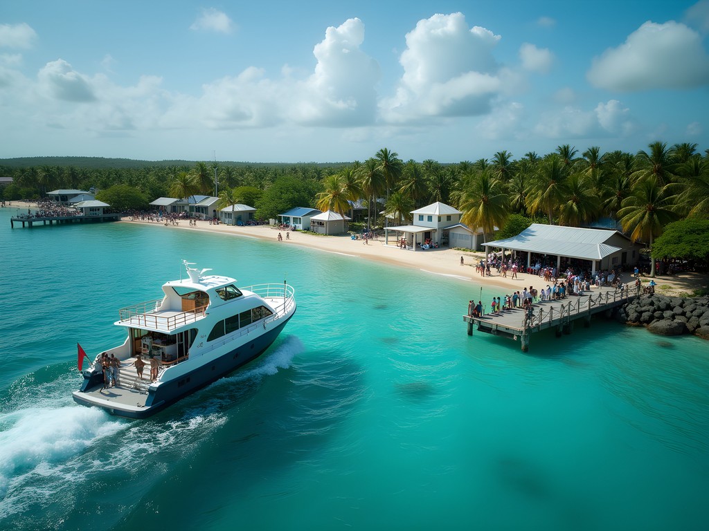 Ferry arriving at Ebeye dock with crowded shoreline visible