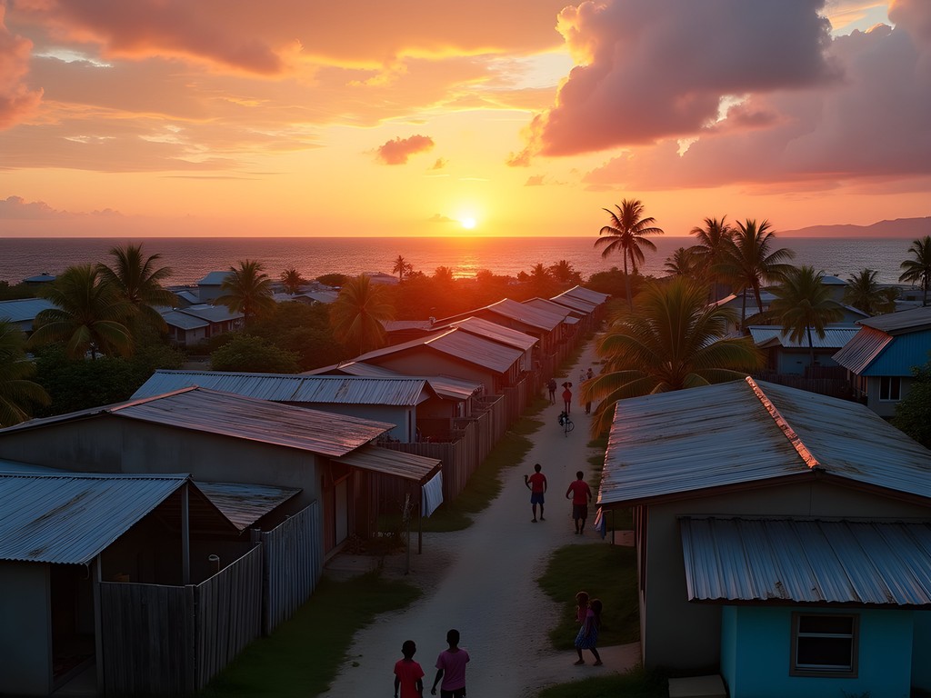 Sunset over densely packed homes on Ebeye island