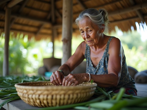 Local Marshallese woman teaching traditional pandanus leaf weaving