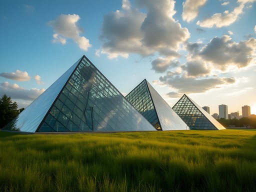 Four glass pyramid structures of Muttart Conservatory against Edmonton skyline