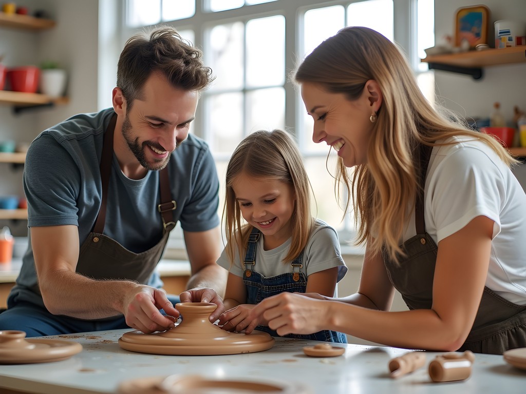 Family creating pottery together at Side Street Studio Arts in Elgin
