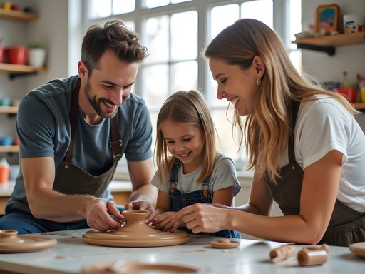Family creating pottery together at Side Street Studio Arts in Elgin