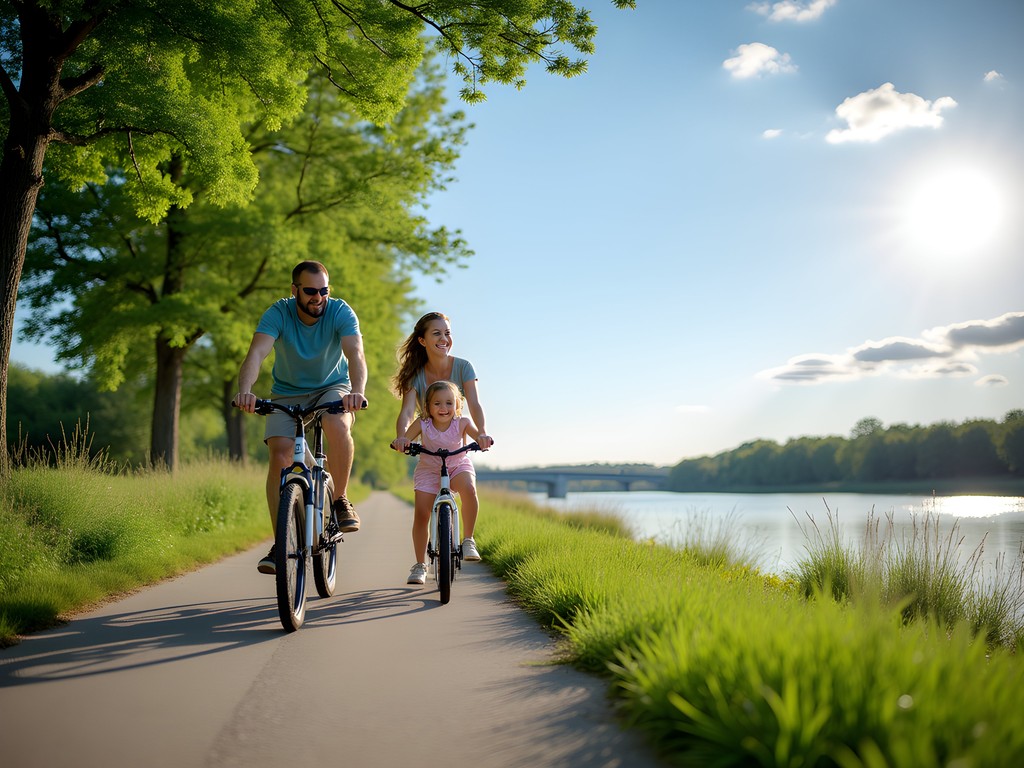 Family cycling along the scenic Fox River Trail in Elgin