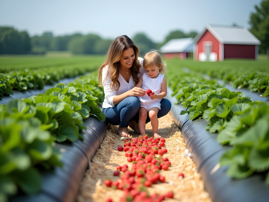Family picking strawberries together at Goebbert's Farm near Elgin