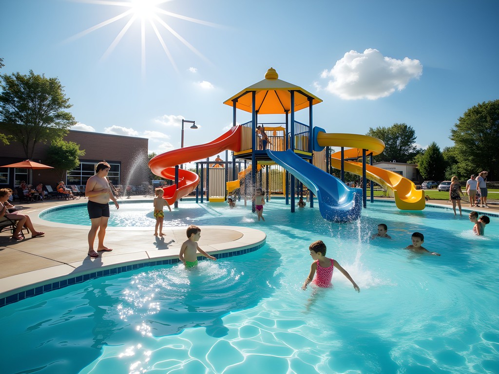 Family enjoying water slides and pools at Wing Park Aquatic Center