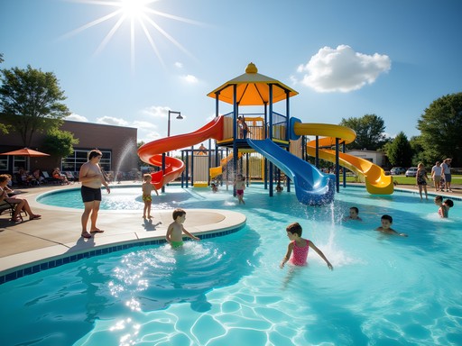 Family enjoying water slides and pools at Wing Park Aquatic Center