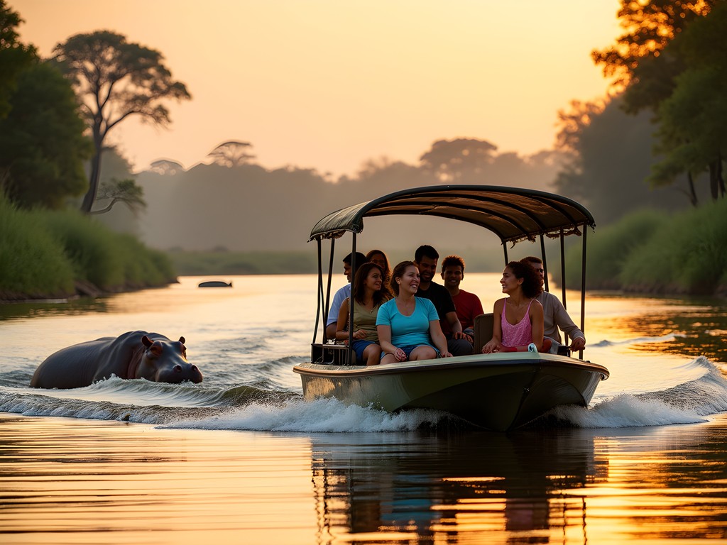 Family experiencing boat safari on Victoria Nile at Murchison Falls