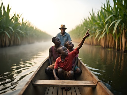Family canoeing through Mabamba Swamp searching for shoebill storks