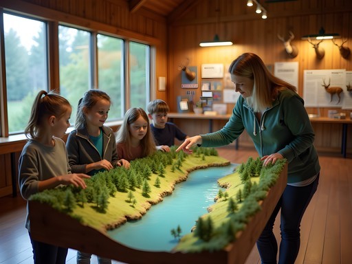 Children exploring interactive watershed exhibit at Asbury Woods Nature Center in Erie