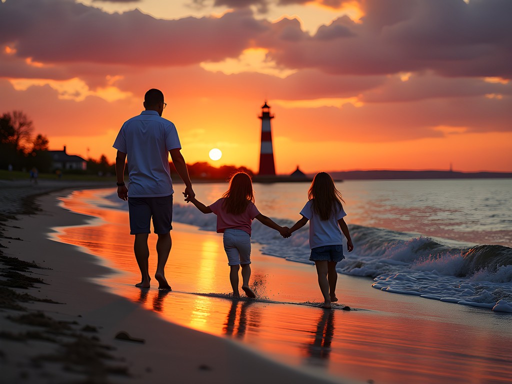 Family walking along Presque Isle Beach at sunset with Presque Isle Lighthouse in background
