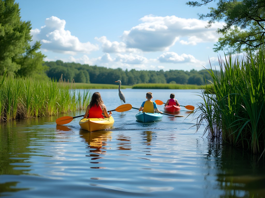 Family kayaking through peaceful lagoons at Presque Isle State Park
