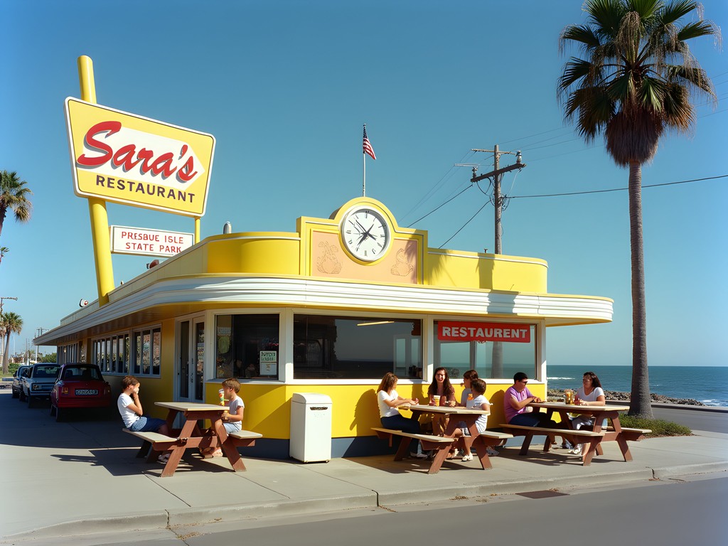 Family enjoying ice cream at Sara's Restaurant with Presque Isle entrance in background