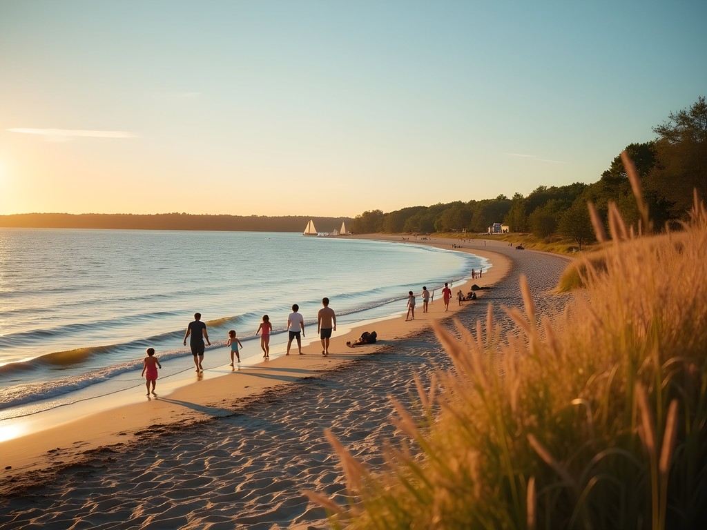 Families enjoying sunset at Presque Isle State Park Beach 6 on Lake Erie Pennsylvania