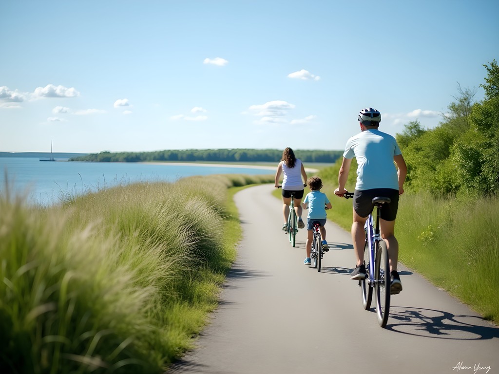 Family biking on paved trail through Presque Isle State Park Erie Pennsylvania