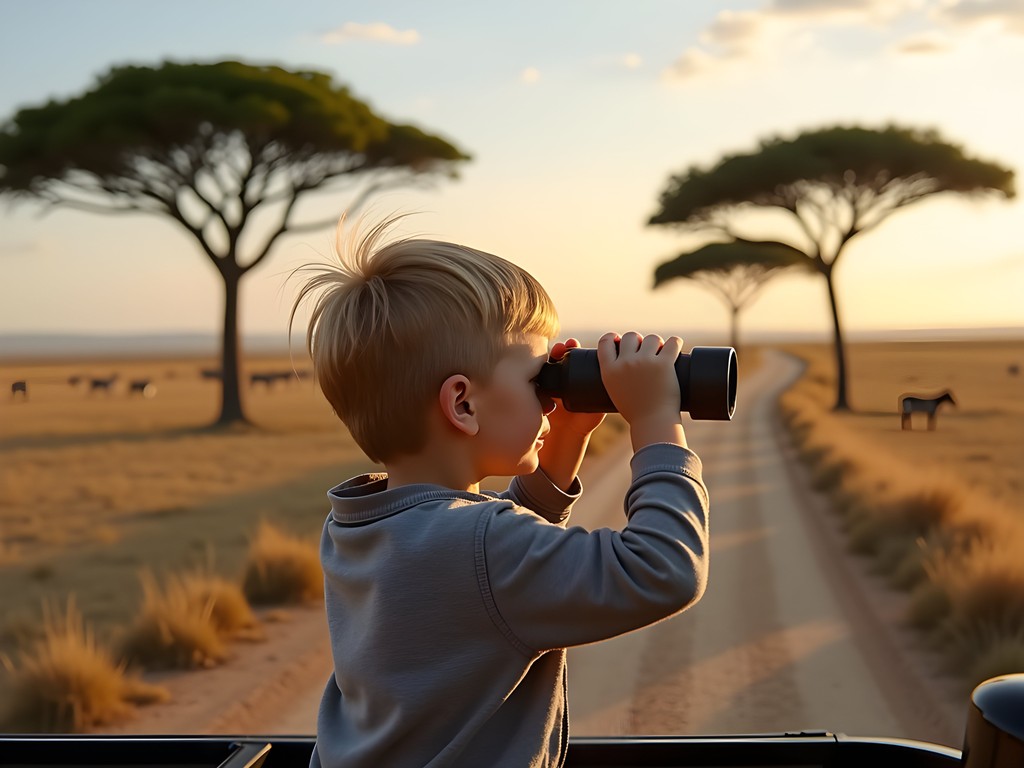 Child using binoculars to spot wildlife in Etosha National Park