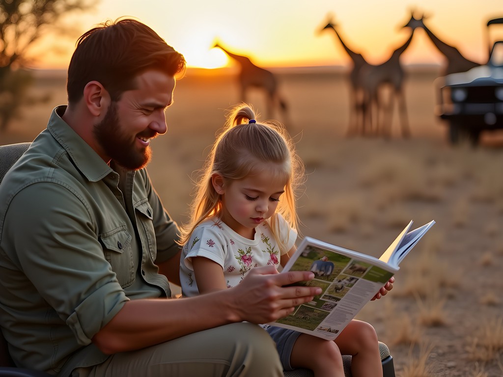 Father explaining wildlife behavior to daughter in Etosha National Park