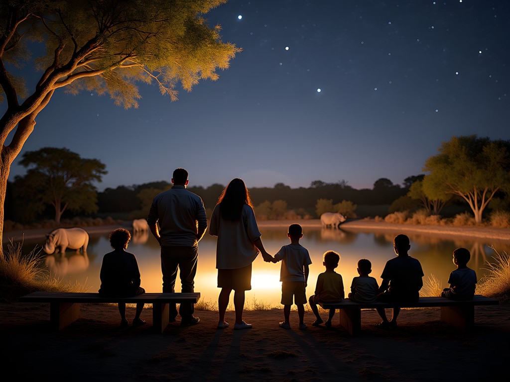 Families watching wildlife at Okaukuejo's floodlit waterhole at night