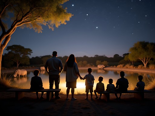 Families watching wildlife at Okaukuejo's floodlit waterhole at night