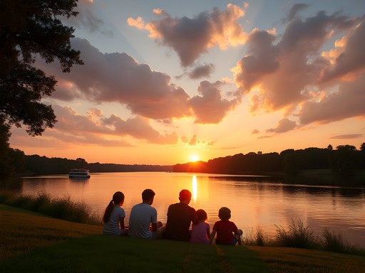 Families watching sunset over Ohio River in Evansville Indiana riverfront