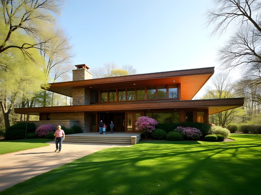 Frank Lloyd Wright's Rosenbaum House with family touring the architectural landmark