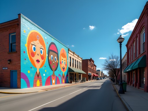 Family exploring colorful street murals in downtown Fort Smith