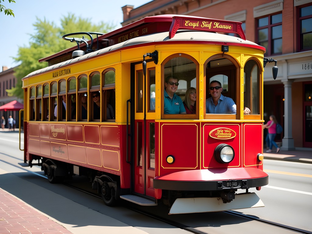 Historic trolley car running through downtown Fort Smith