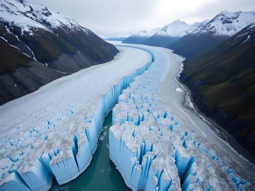 Aerial view of Franz Josef Glacier from helicopter showing crevasses and ice formations
