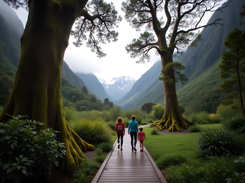 Family hiking through temperate rainforest on Franz Josef Glacier valley walk with moss-covered trees