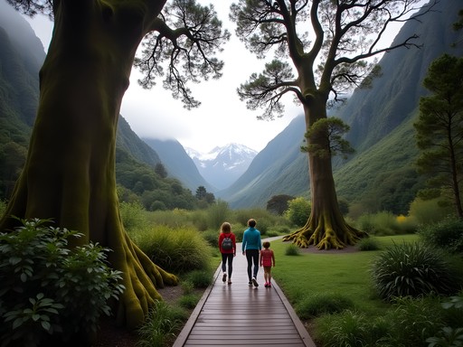 Family hiking through temperate rainforest on Franz Josef Glacier valley walk with moss-covered trees