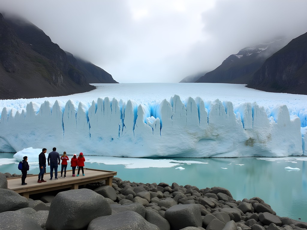 Franz Josef Glacier terminal face from valley walk viewing platform with families observing