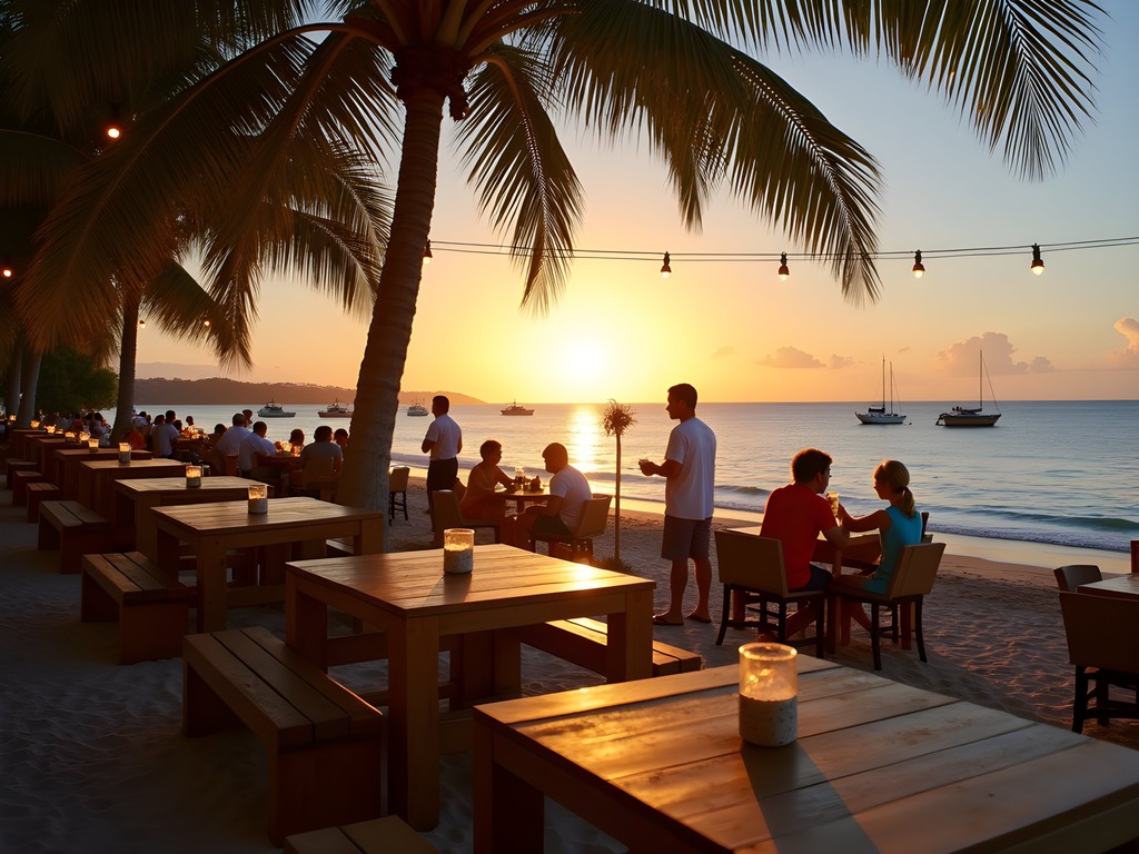 Family enjoying beachfront dinner at sunset in Frederiksted