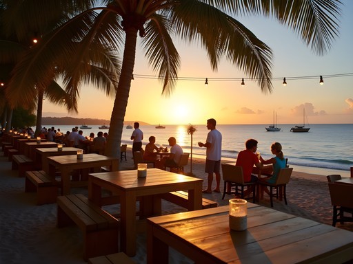Family enjoying beachfront dinner at sunset in Frederiksted
