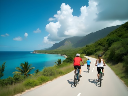 Family cycling along scenic coastal route near Frederiksted