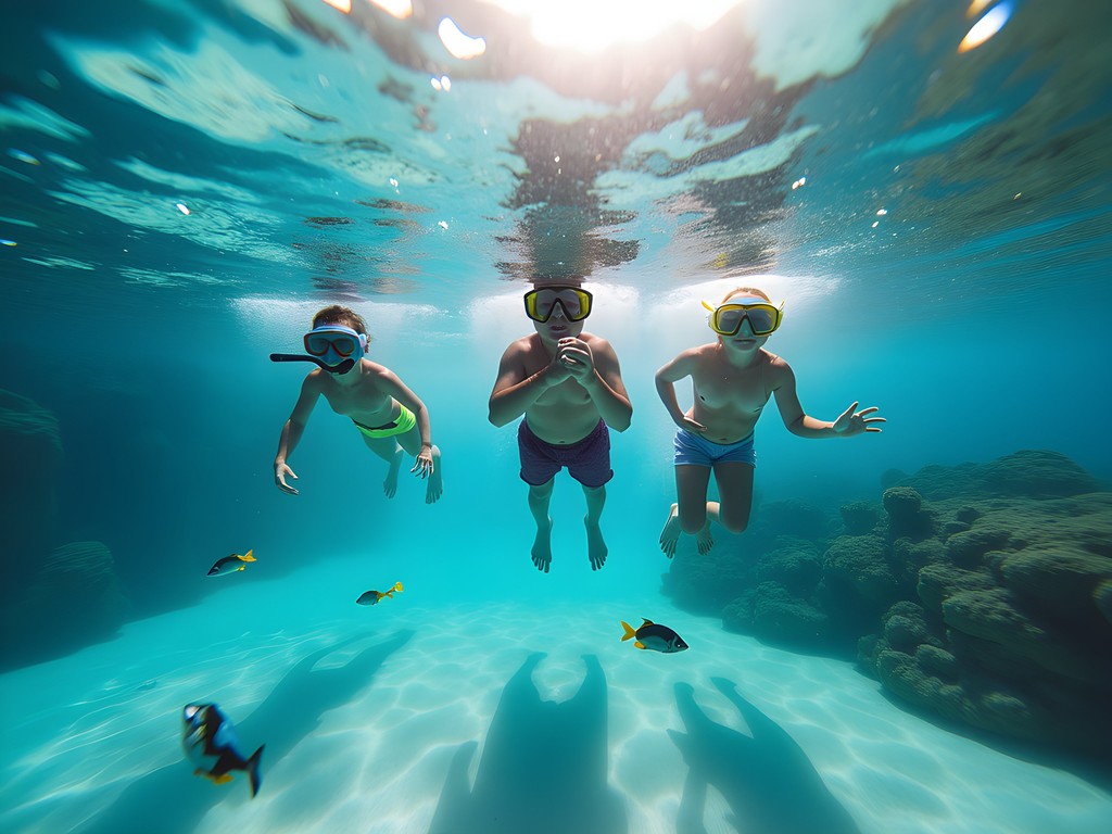 Family snorkeling in clear turquoise waters near Frederiksted beach